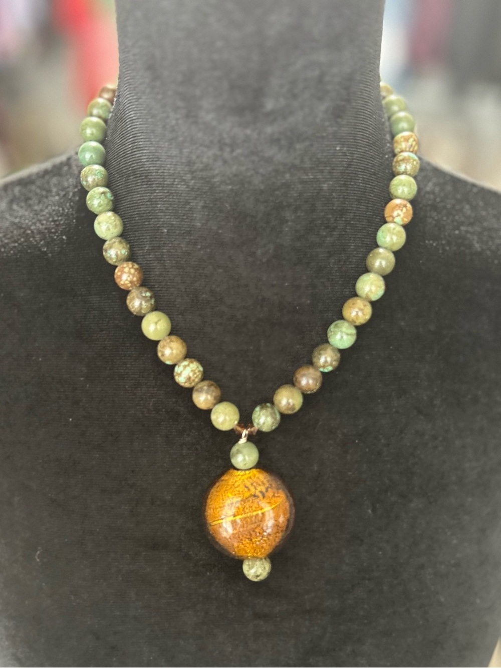 Handmade Green and Brown Beaded Necklace with Amber Pendant